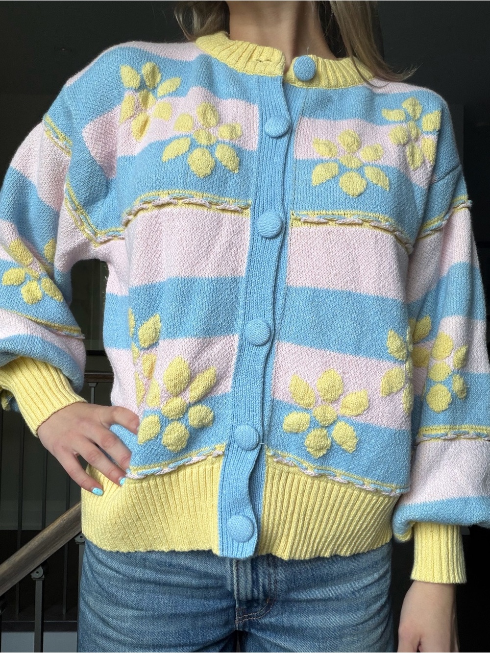 Pastel Blue & Pink Floral Knit Cardigan Sweater - Zara